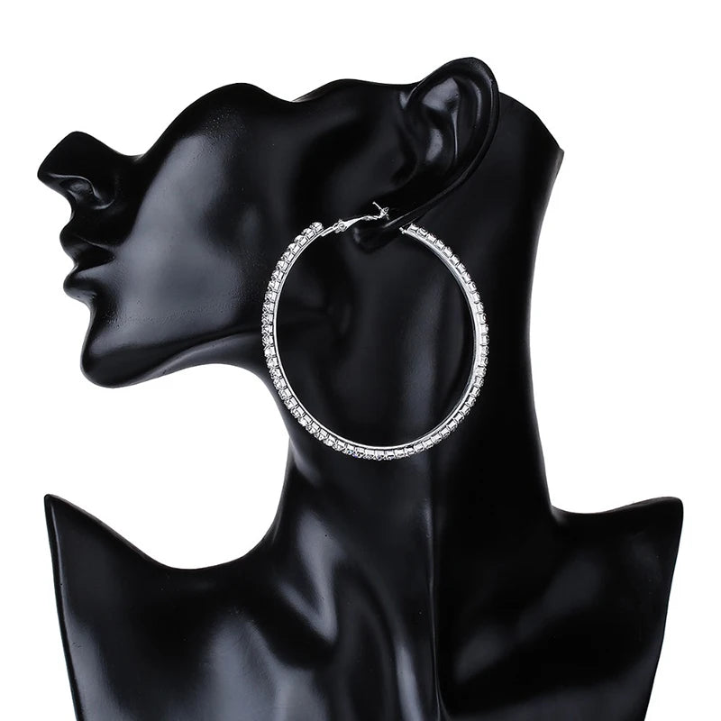 Grandes Boucles Créoles 30-80mm | Cristal Strass Cercle | Noir Or Argent | Femme Fille | Fête Cadeau