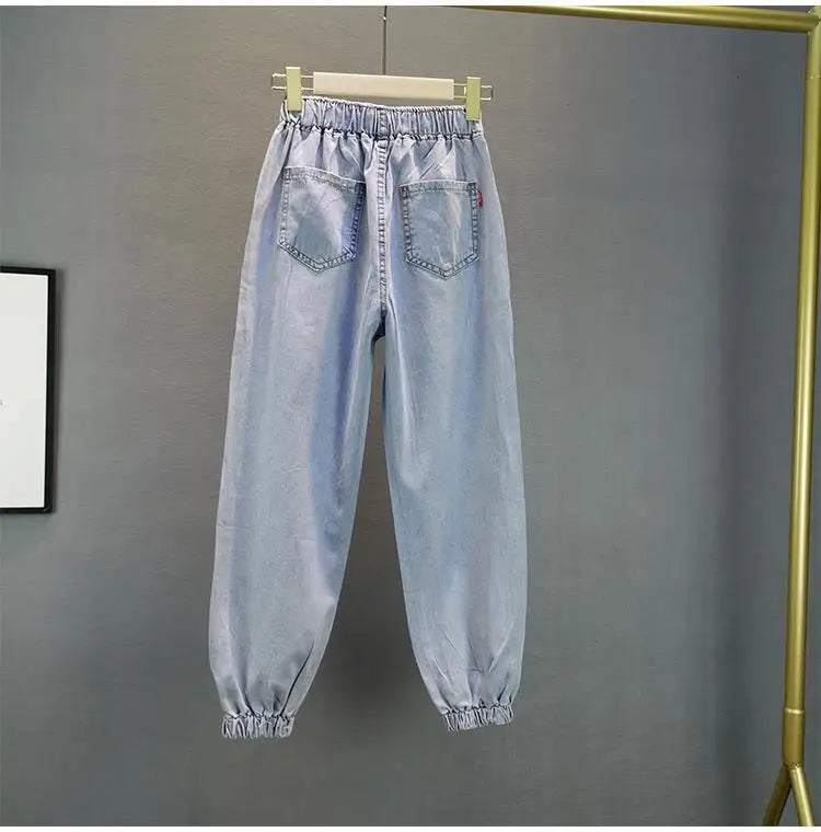 High-Waisted Jeans For Summer 2026 New Loose Elastic Waist Hot-Pressed Diamond Pants Women's Casual Denim Trousers