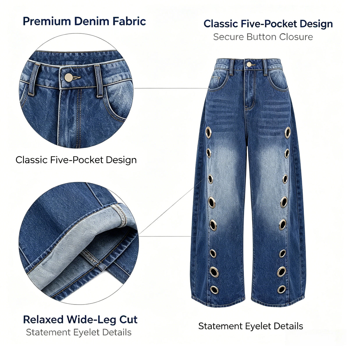 Missuoo Women's Washed Blue High-Waist Metal Grommet Wide Leg Jeans 2026 Casual Loose Fit Streetwear Pants Casual Trousers
