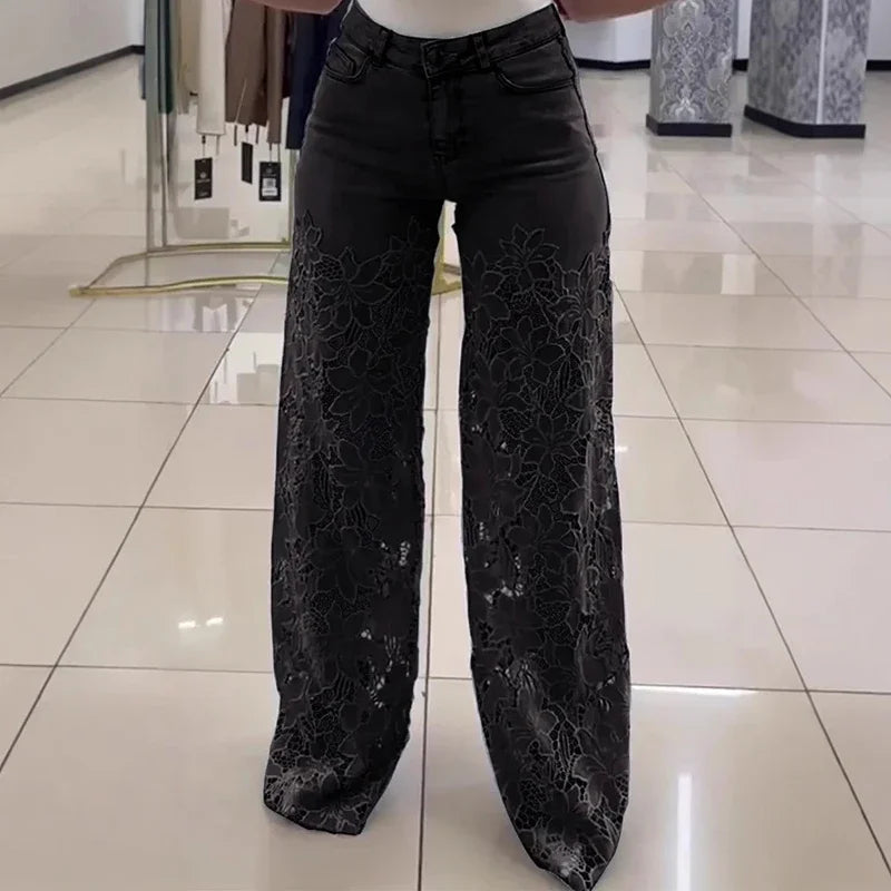 Jean Femme Taille Haute Jambe Large | Dentelle Ajournée Denim | Coton Printemps-Été | Style High Street | XS à XXXL