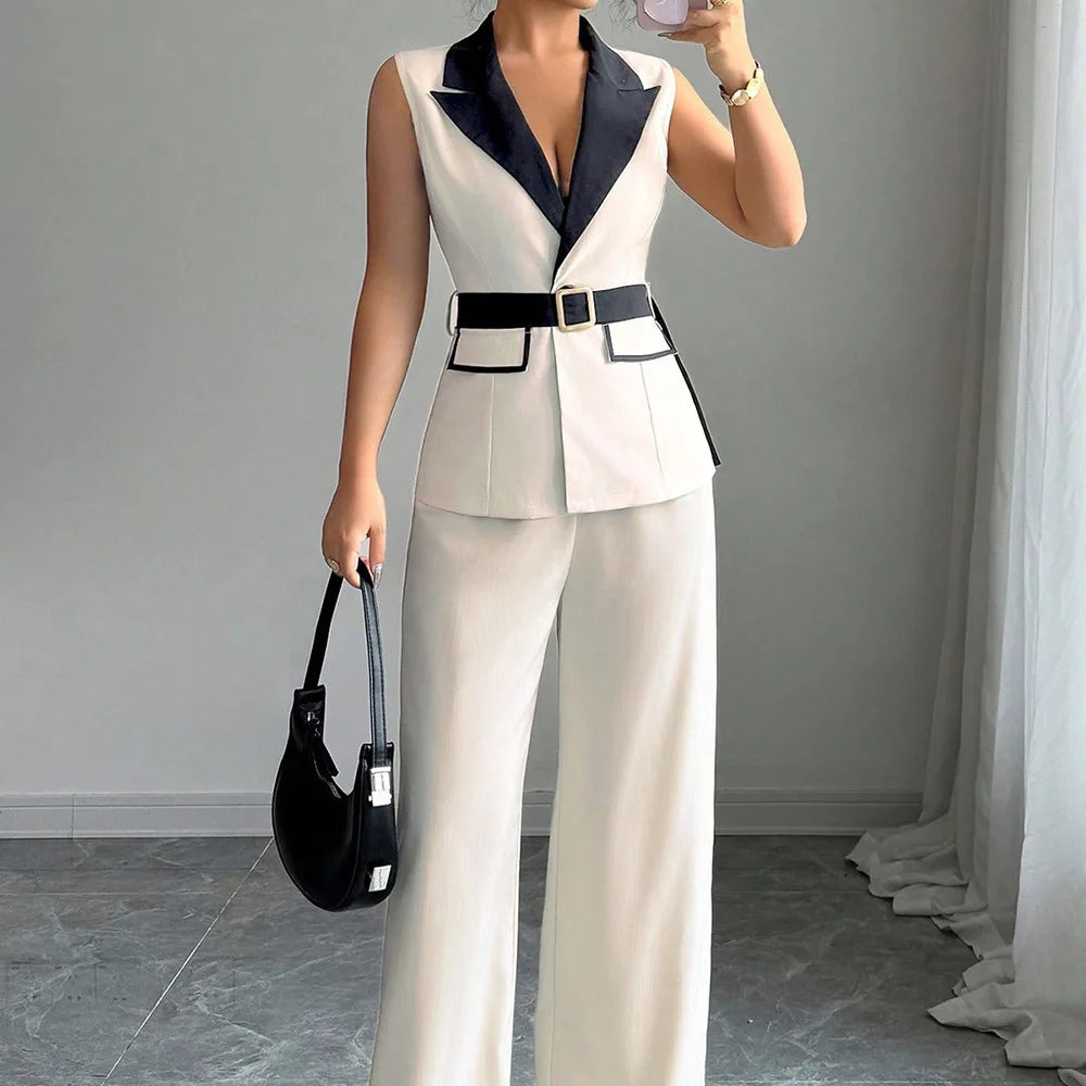 Ensemble gilet blazer sans manches élégant pour femme avec pantalon large et ceinture