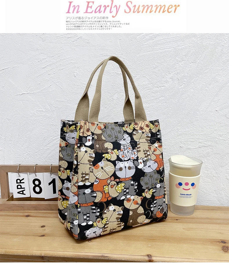 Fashionable Top-Handle Bag with Cute Cat Pattern, Portable Mommy Bag for Women