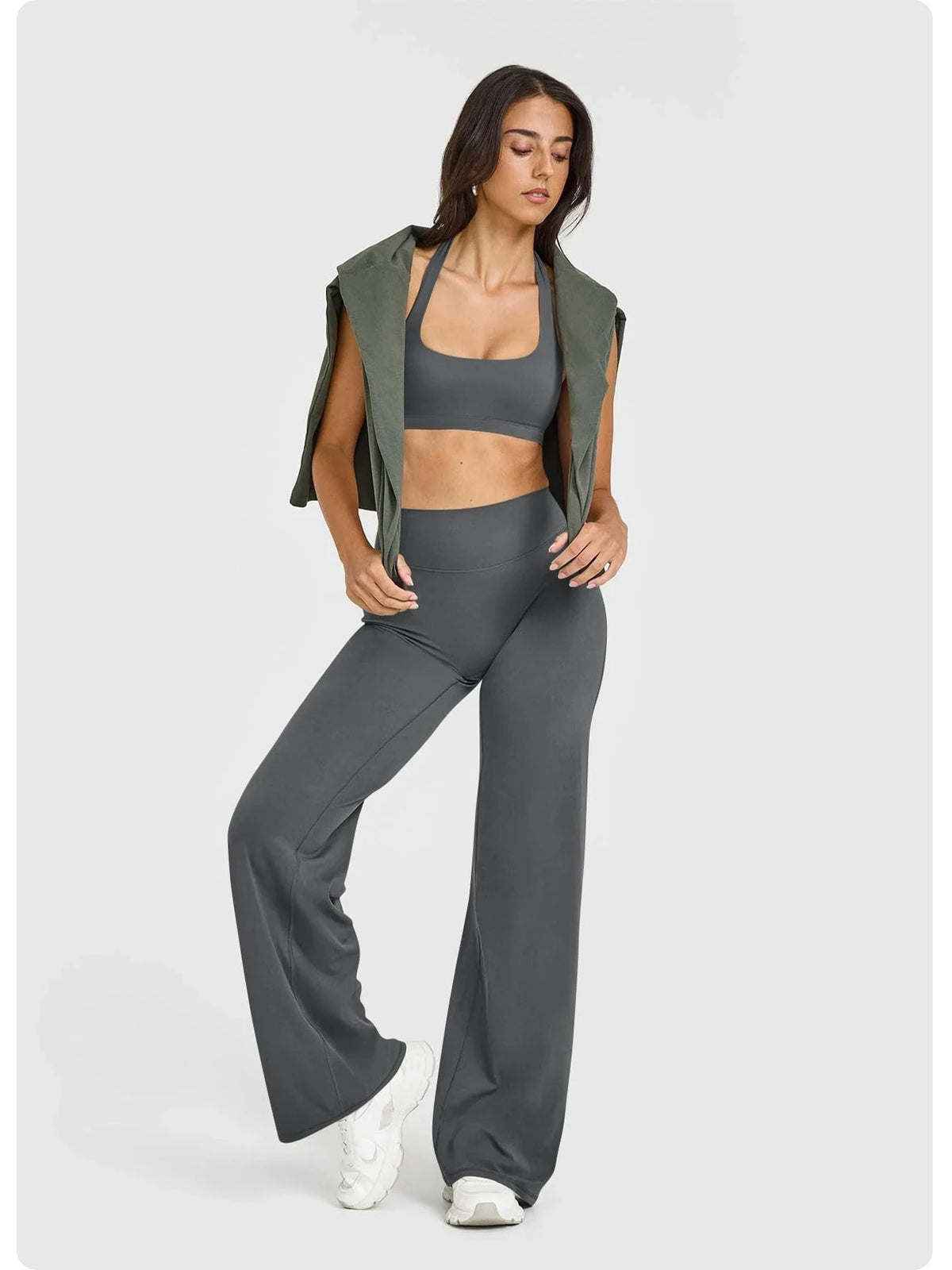 High Waisted Wide Leg Yoga Pants Women Butt Lift Coffee Brown Workout Trousers Flare Leggings Tummy Control Gym Fitness Wear