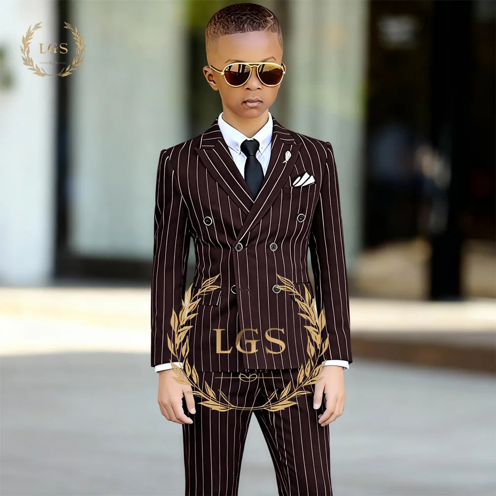 Elegant Boys' 2-Piece Suit: Double-Breasted Striped Blazer with Peak Lapel & Pants for Church, Graduation, Special Occasions