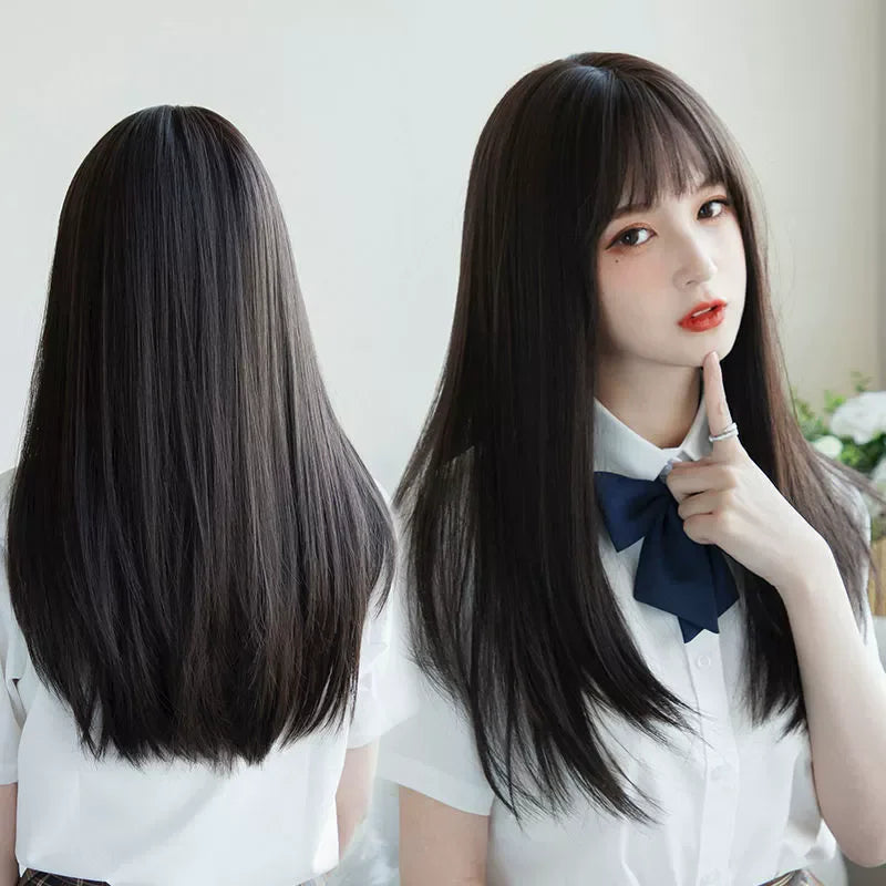 Cartoon Character Cosplay Hair Extensions Synthetic Wigs Natural Breathable Head Cover Black Long Straight Wig Hat for Women