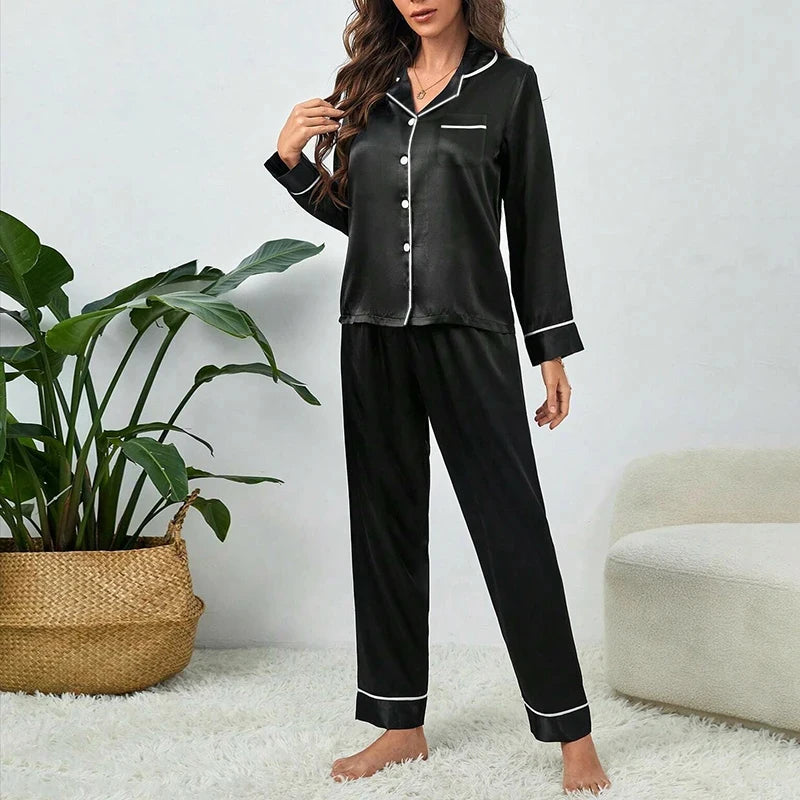 Plus Size Pajamas Women Fall and Winter Ice Silk Long Sleeve Two Piece Set Loungewear Nightwear Ladies Solid Color Sleepwear
