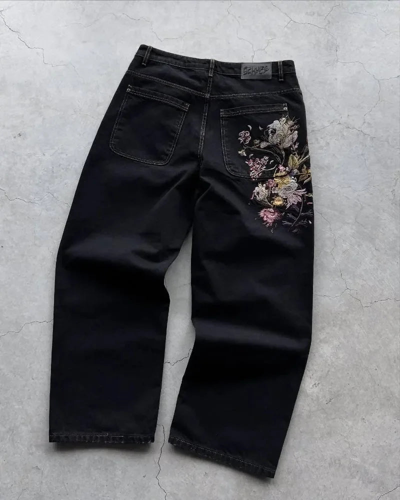 Jean Taille Basse Hip Hop | Fleurs Cerisier Brodé | Jambe Large Unisexe | Y2K Vintage Baggy