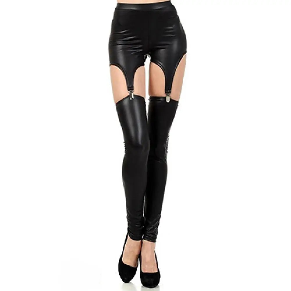 Legging Faux Cuir Bretelles Femme | Style Punk | Boucles Ceinture | Bas Sur-Genou Streetwear Sexy