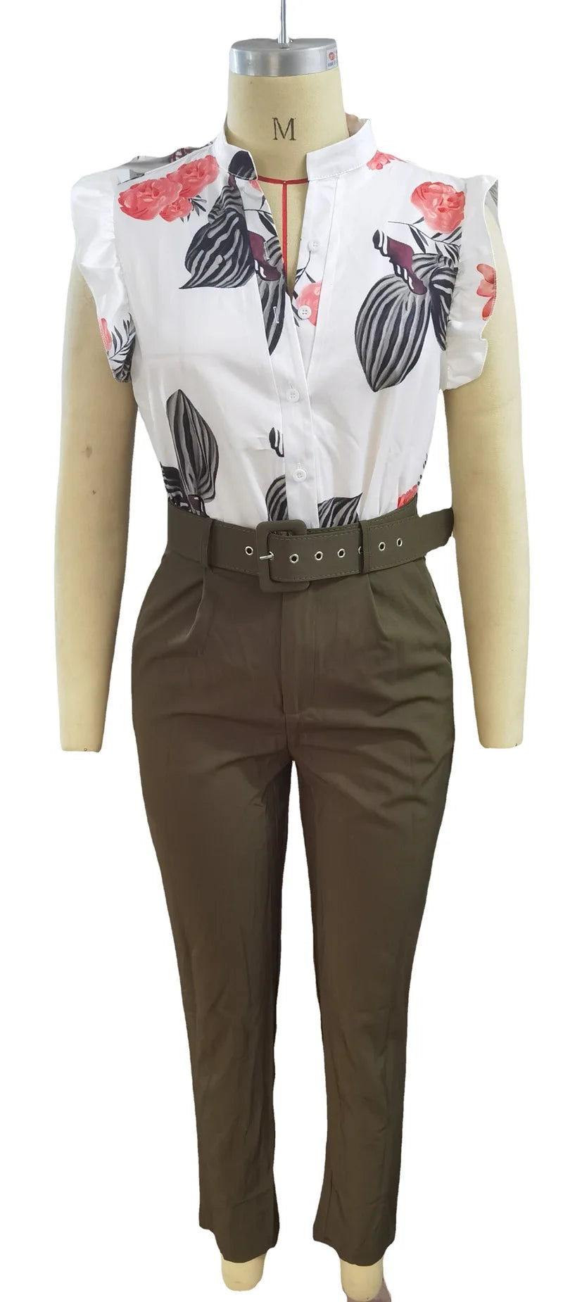 Women's Elegant Slim Two-Piece Sets Summer Fashion Print V Neck Button Flying Sleeve Shirt Top & Solid Long Pants Suits With Belt