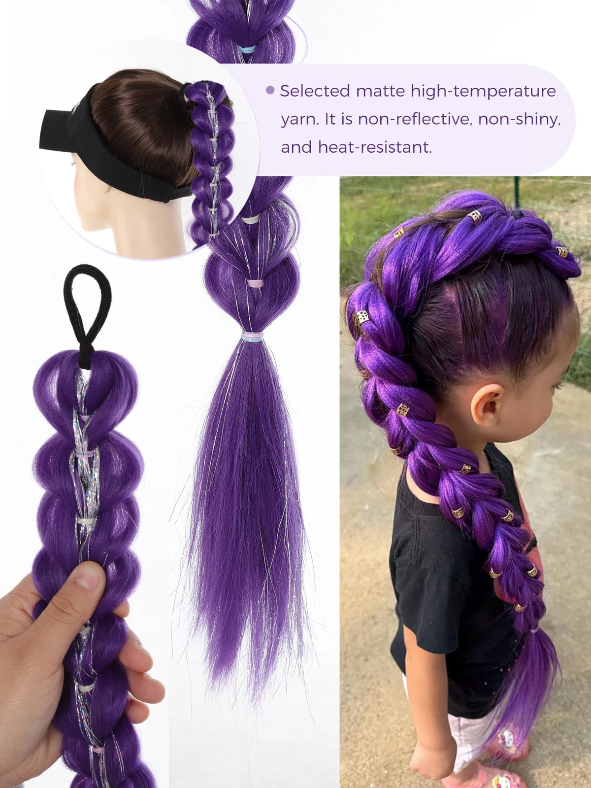 Queue de Cheval Tressée Violette | 32 Pouces | Tinsel Brillant | Extensions Super | Cosplay & Noël | Enfants & Filles