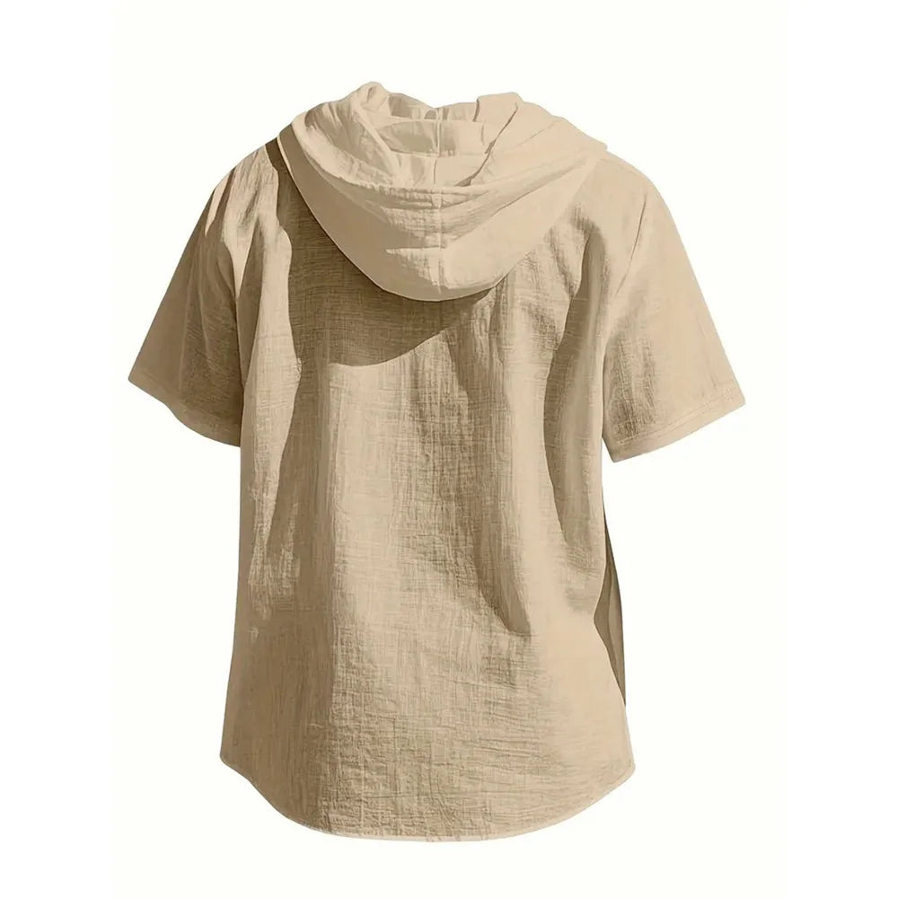 Men's Cotton Linen Hooded Short Sleeve Solid Color Breathable Lightweight Drawstring Design Shirts Casual Basic Tees