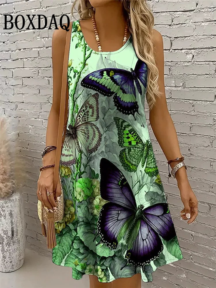 Dresses For Women 2025 Women Vacation Beach Summer Vest Butterfly Flowers Loose Dress Sundress Casual 3D Print Sleeveless Dress