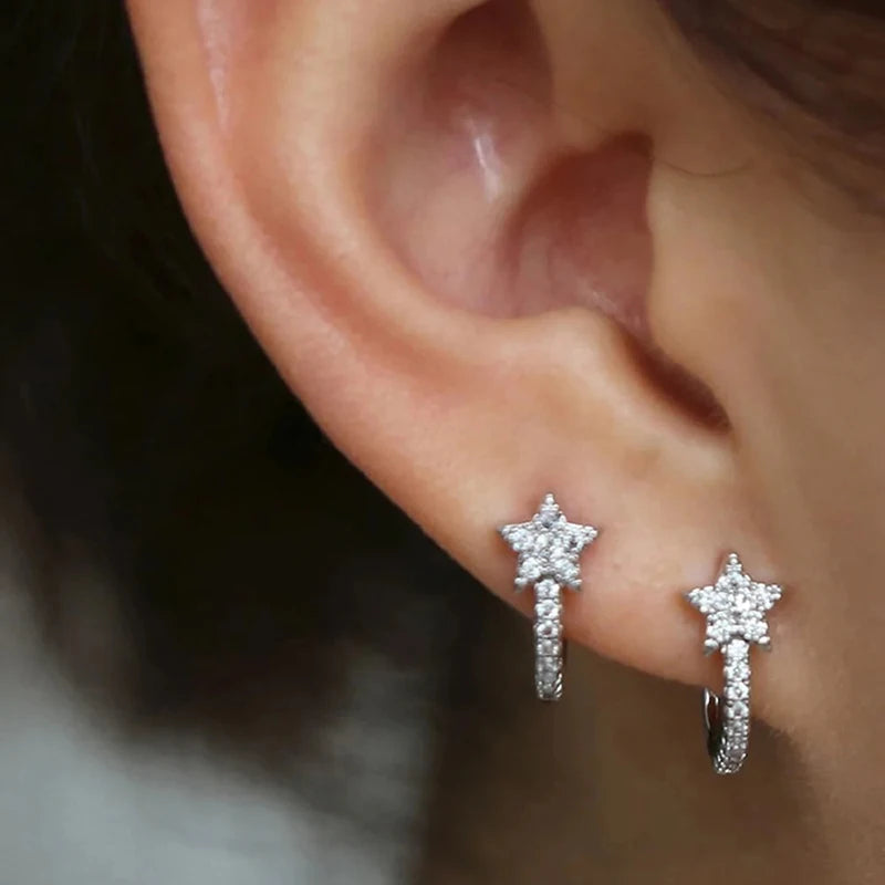 Huitan Fashion Star Hoop Earrings with Dazzling CZ Simple Stylish Ear Accessories for Women Silver Color Exquisite Jewelry