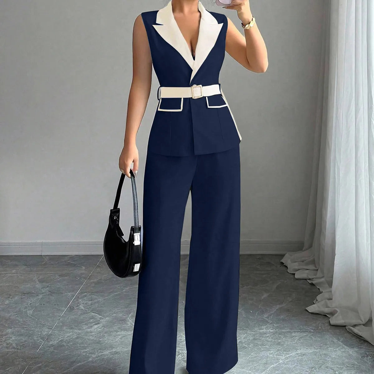 Ensemble gilet blazer sans manches élégant pour femme avec pantalon large et ceinture