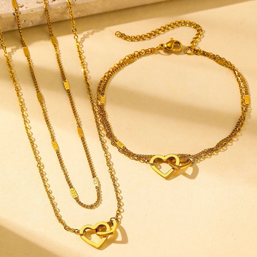 Stainless Steel Jewelry Sets High-end Atmosphere Love Bracelet Love Necklace Double Chain Design Jewelry Sets For Women Jewelry