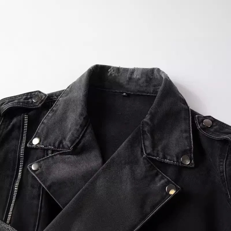 Veste Jean Homme Automne-Hiver | Style Américain Retro High Street Punk | Slim Déchiré Motard