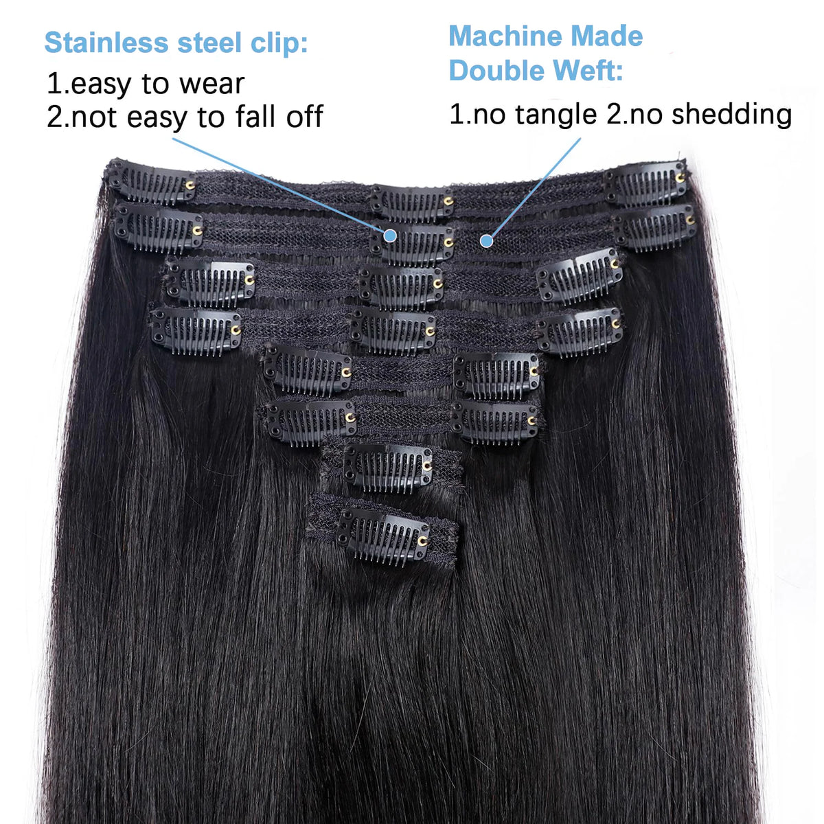 Extensions à Clips Cheveux Humains | Noir Naturel | 18 Clips | 8 Pièces | Volume Complet | Femme