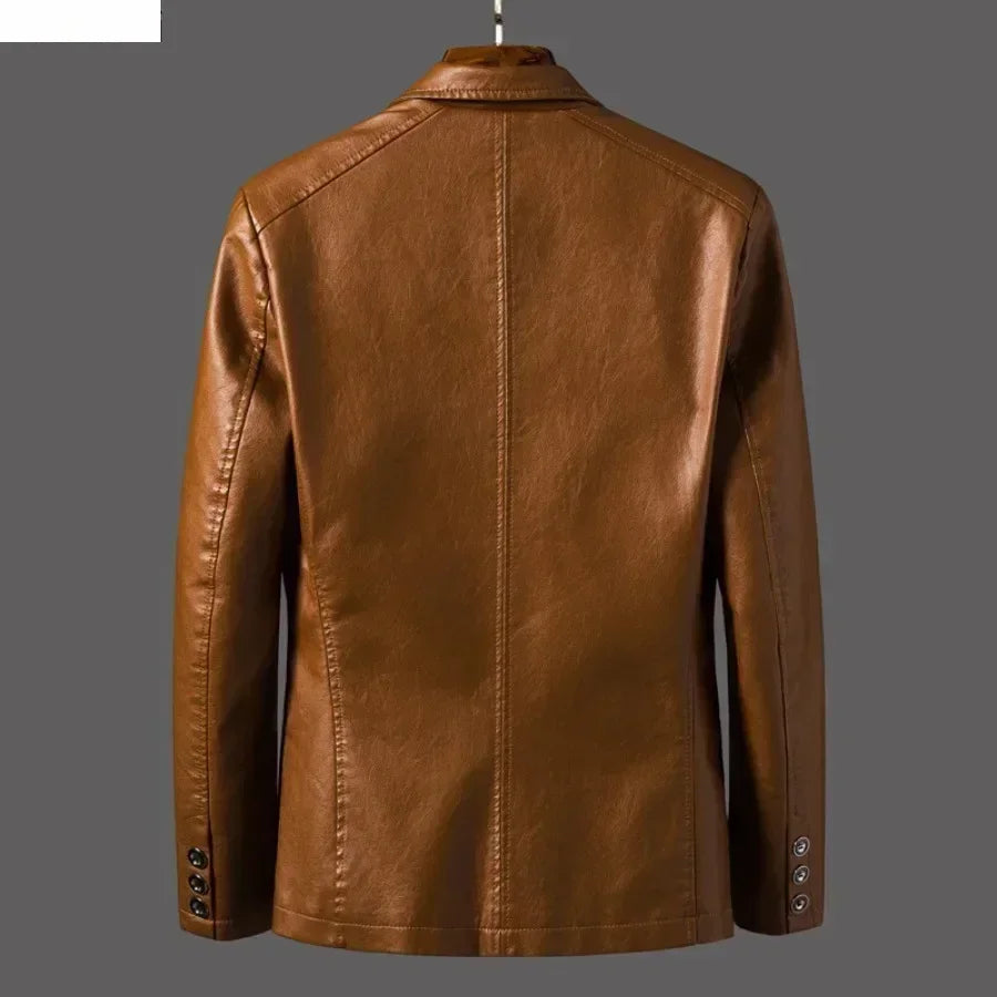 New Leather Jacket Men's Business Casual Lapel PU Leather Blazers Fashion Solid Slim Korean Style Leather Coat Big Size 6XL