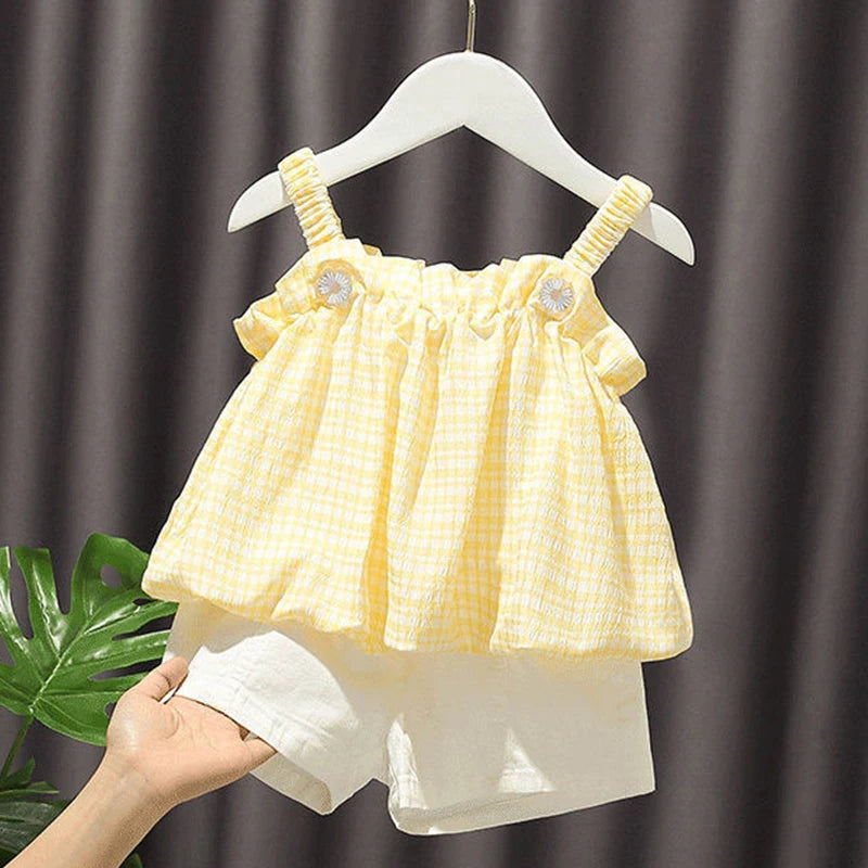 Girls Outfit Set 2026 Summer Clothing Sets Hollow Lace Suit Baby Casual Sleeveless T-shirt+Shorts Kids Clothes Sets Baby Clothes