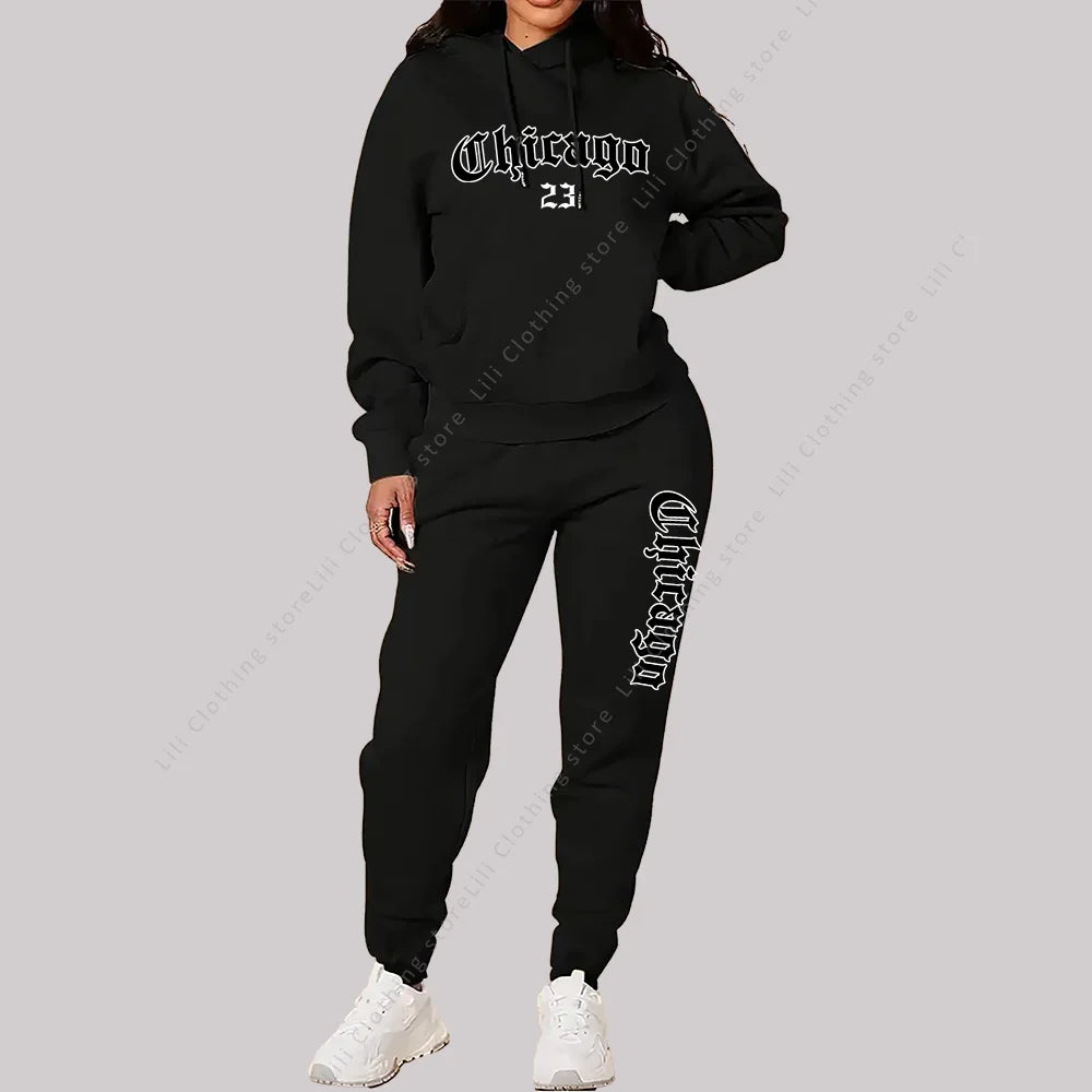 Jogging Femme 2 Pièces | Sweat Capuche & Pantalon | Imprimé Chicago Lettre | Grande Taille Rose