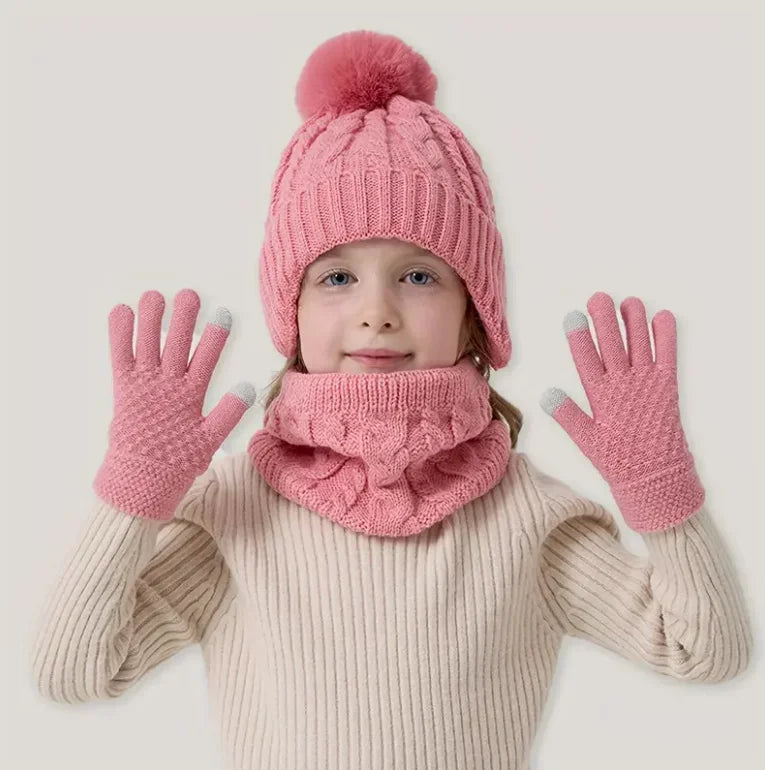 3pcs Kids Winter Warmth Set with Hat, Scarf & Gloves - Soft Pink &, Machine Washable, Polyester-Filled, Perfect for Outdoor