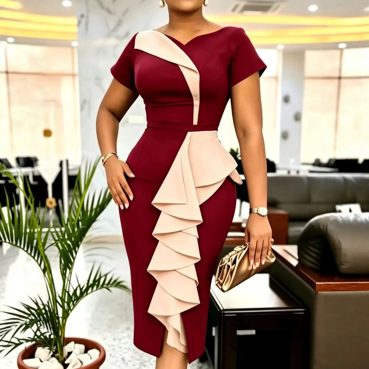Robe Bodycon Femme Été 2026 | Coupe A-Line Patchwork | Col V Manches Courtes | Taille Cinée Slim Casual