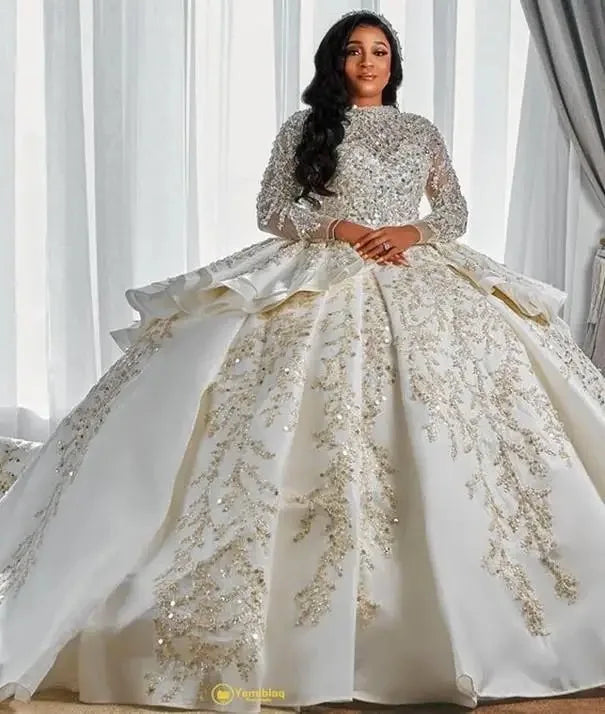 Gorgeous Sparkly Sequins Arabic Wedding Dress Long Sleeves African Bridal Gown Puffy Ruffles Dubai Robe De Mariage Customized