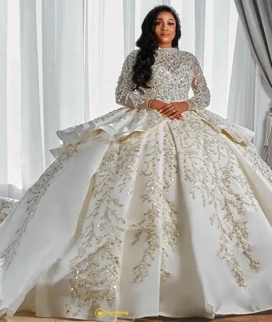 Gorgeous Sparkly Sequins Arabic Wedding Dress Long Sleeves African Bridal Gown Puffy Ruffles Dubai Robe De Mariage Customized