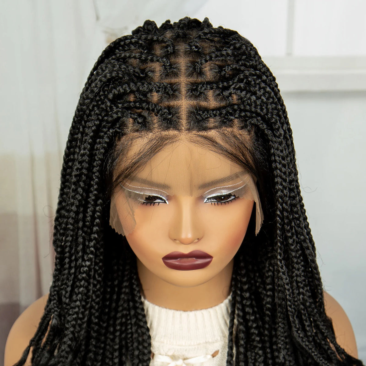 Perruque Tressée 360 Full Lace Synthétique | Knotless Box Braids | Baby Hair | Boho Boucles Extrémités | Femme