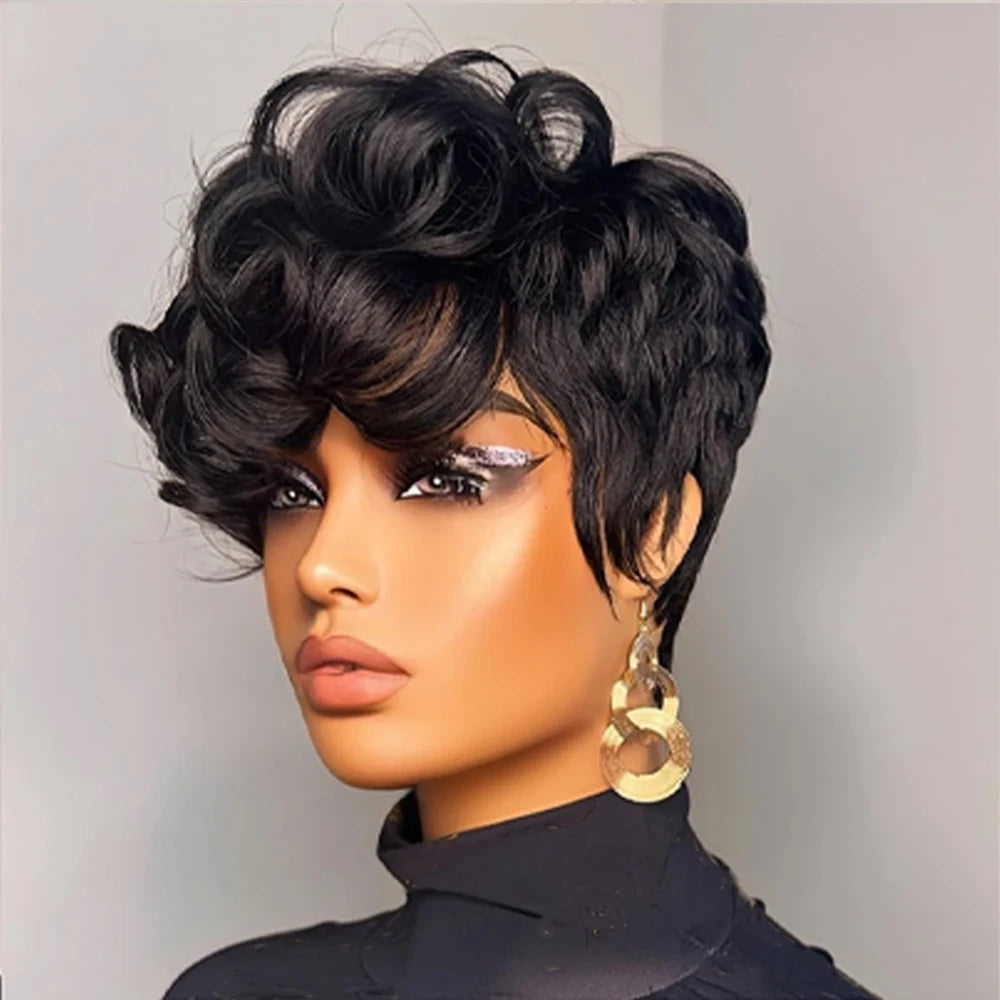 Pixie Cut Human Hair Wig 6" Layered Short Loose Curly With Bangs Remy Brazilian Hair Rose Net Cap Full Machine Made Wigs