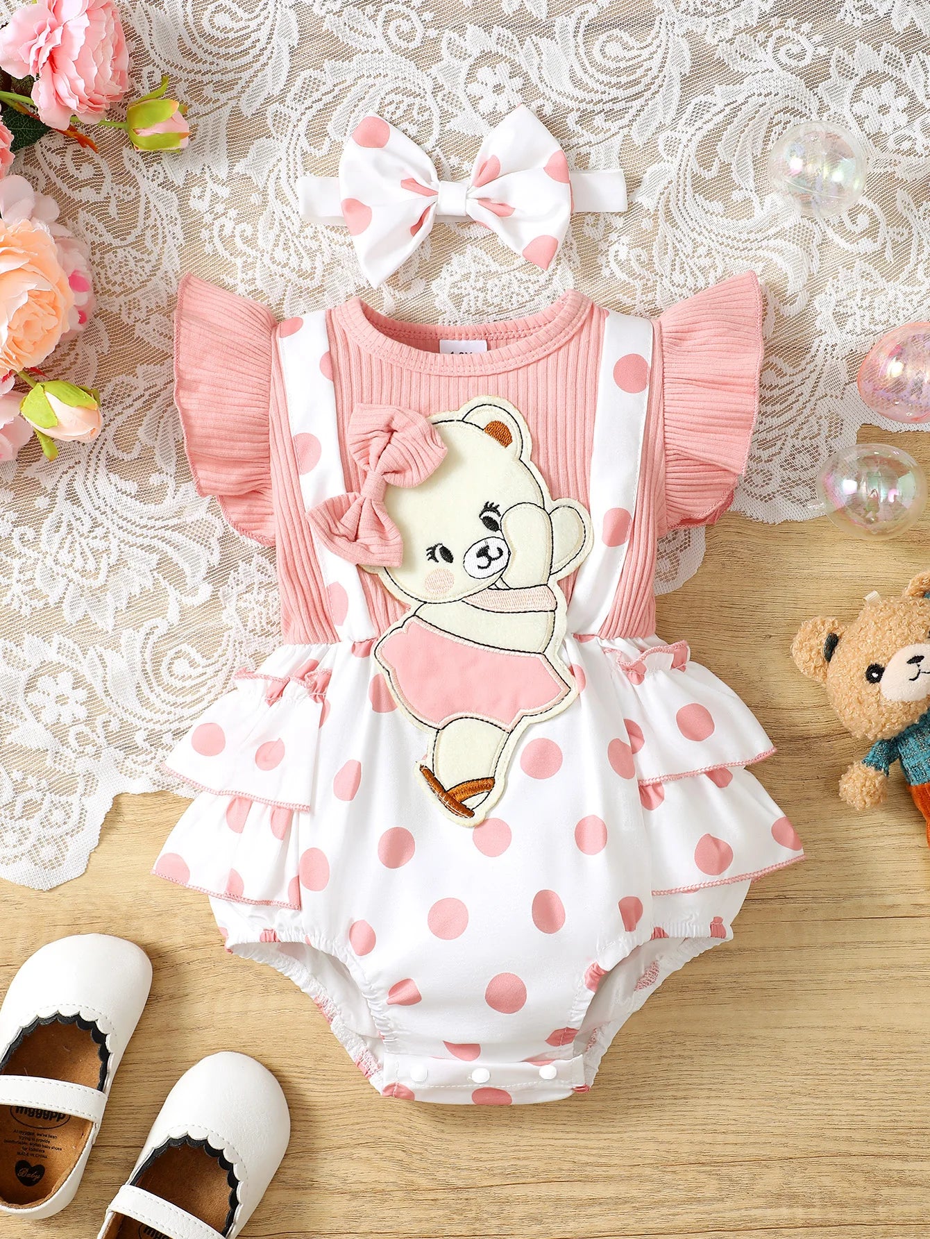 Fashionable Baby Girls' Casual Polka Dot Pattern Round Neck Flying Sleeve Cartoon Bear Embroidery Overall Dress With Hair Band,