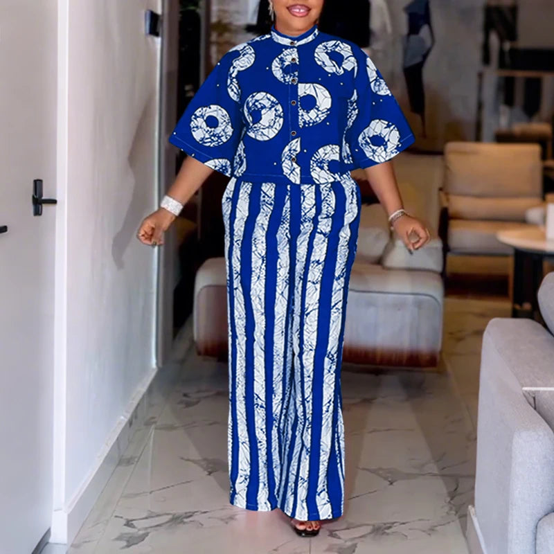 Ensemble 2 Pièces Grande Taille Femme 5XL | Boho Manches 3/4 | Chemise Imprimée & Pantalon Large | Vintage