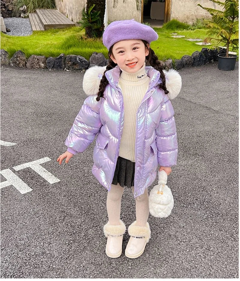 Doudoune Longue Fille Licorne | Imperméable Brillante | Col Fourrure Capuche | Parka Enfant Hiver