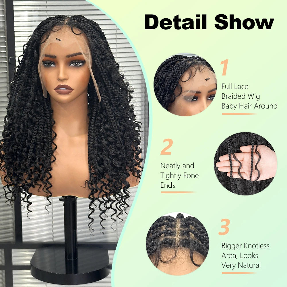 Boho Knotless Box Braided Wigs Full Double Lace Short Braid Wig for Black Women Human Hair Blended Braided Wig with Boho Curls