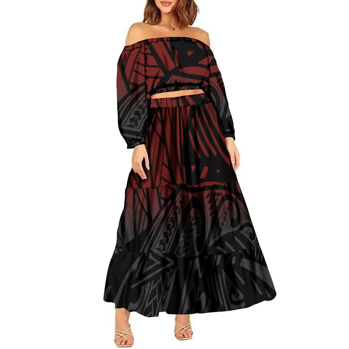 2024 Trendy 2 Piece Set Custom Polynesian Tribal One Shoulder Long Sleeve Crop Top Maxi Skirt Plus Size Women's Sets Dress