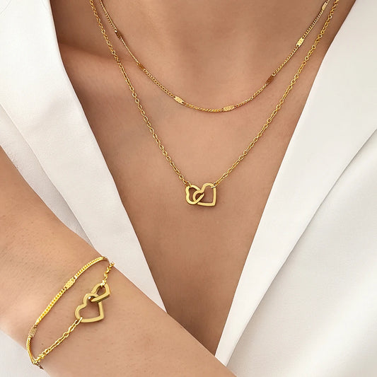 Stainless Steel Jewelry Sets High-End Love Bracelet Love Necklace Double Chain Design Jewelry Sets For Women