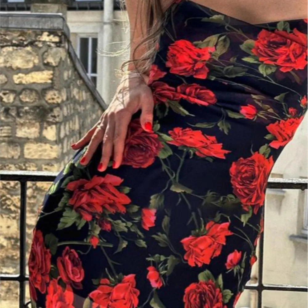 Party Dresses For Women Sexy Bodycon Floral Print Sleeveless Evening Dress Package Hip Contrast Vestidos Temperament Trendy Slim