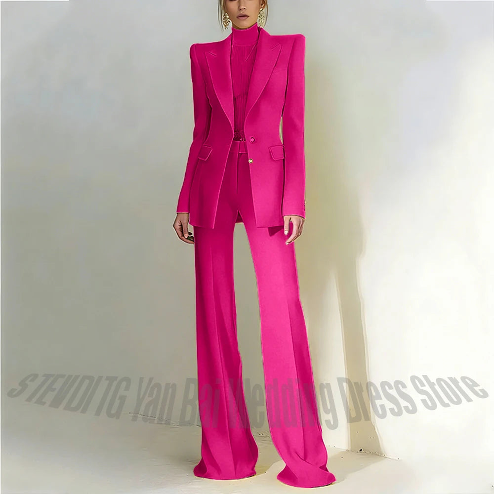 Women's Pant Suit 2 Piece Set Office Female Business Work Formal Jacket Trouser One Button Chic Yellow Peaked Lapel Elegant Suit