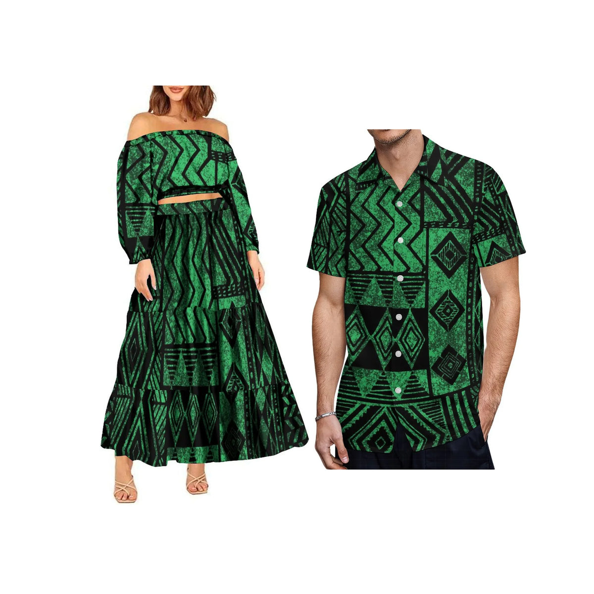 2024 Trendy 2 Piece Set Custom Polynesian Tribal One Shoulder Long Sleeve Crop Top Maxi Skirt Plus Size Women's Sets Dress