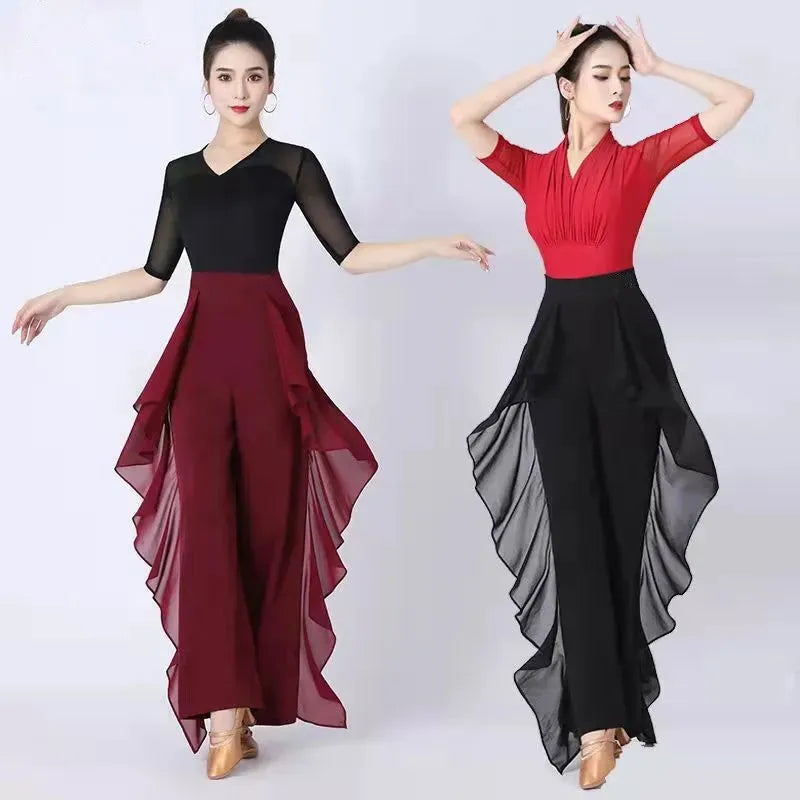 Dance Wide-Leg Pants Women's High-Waist Pants Lotus Leaf Side Loose Training Pants 2022 New Dance Female Pants