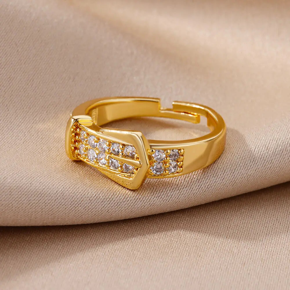 Bague Ceinture Zircon Acier Inoxydable | Doigt Géométrique Ajustable | Esthétique Mariage Femme