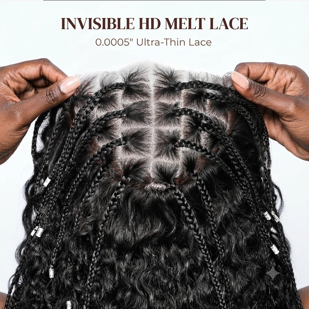 Glueless Knotless Braided Wigs Water Wave 13x6 HD Lace Human Hair Frontal Wigs Pull Go Glueless Wigs Human Hair With Drawstring