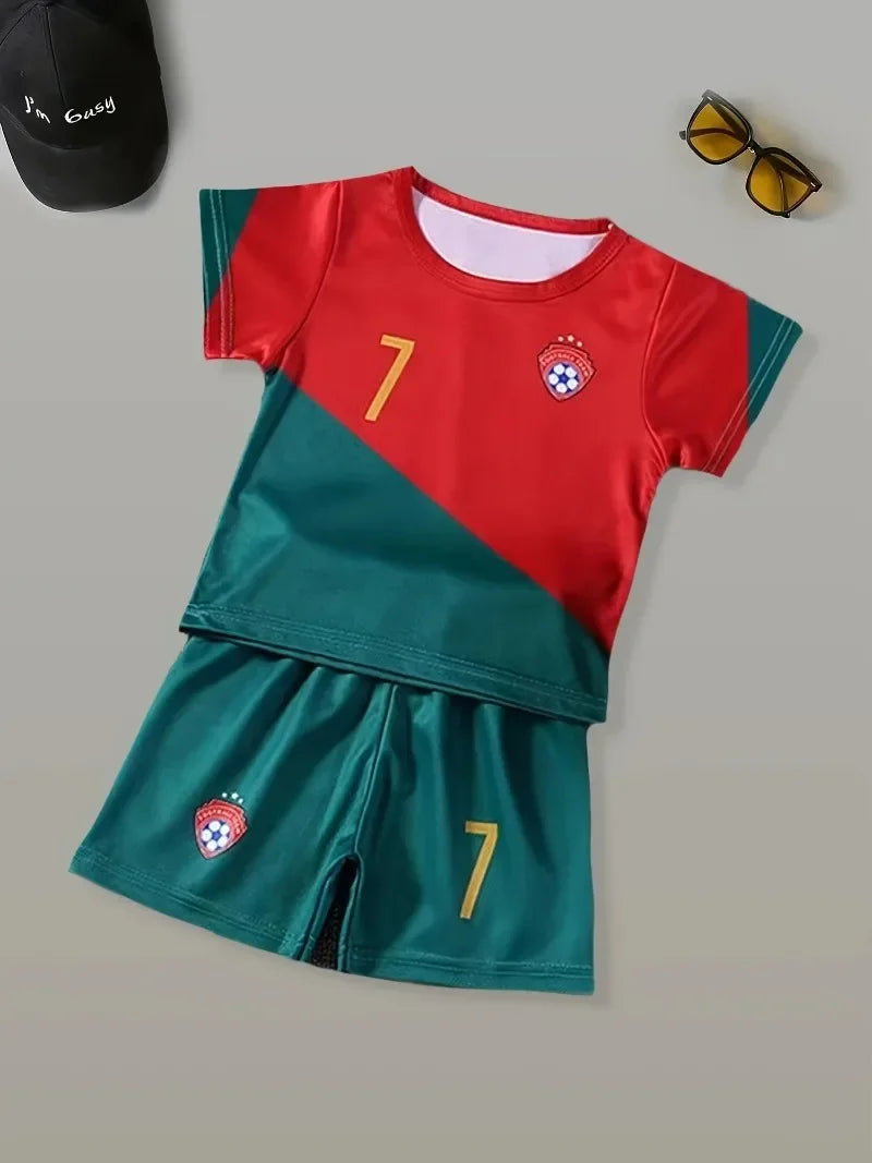 Two-Piece Summer Messi and Ronaldo Shirt 3D Printed Children's Football Training Set Boys Breathable Sweat-Absorbent Sportswear