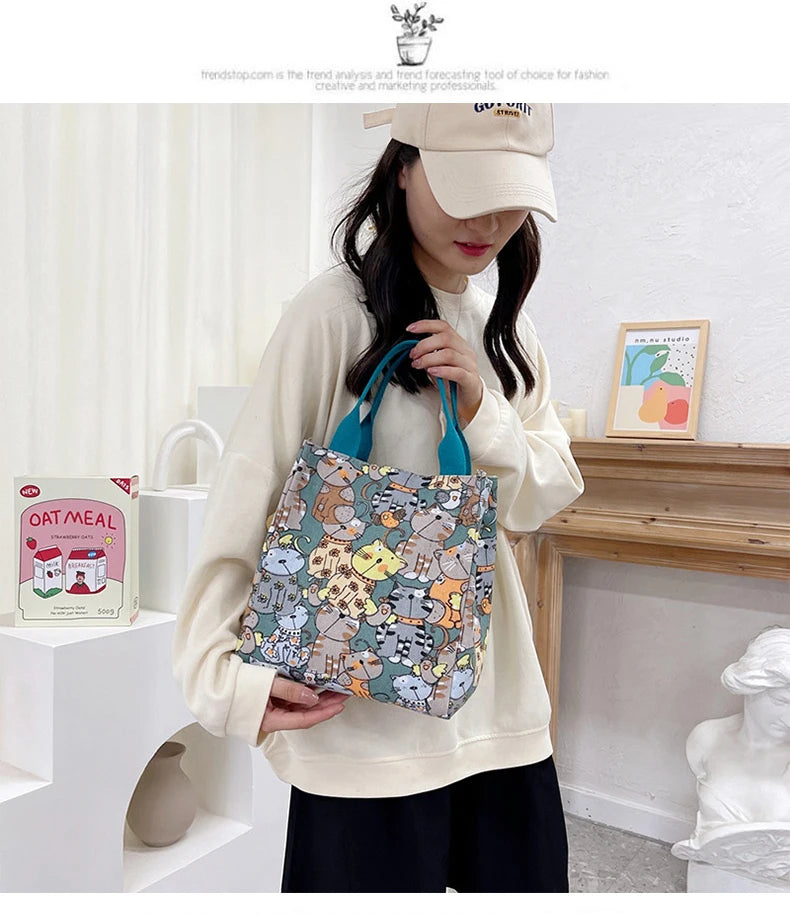 Fashionable Top-Handle Bag with Cute Cat Pattern, Portable Mommy Bag for Women