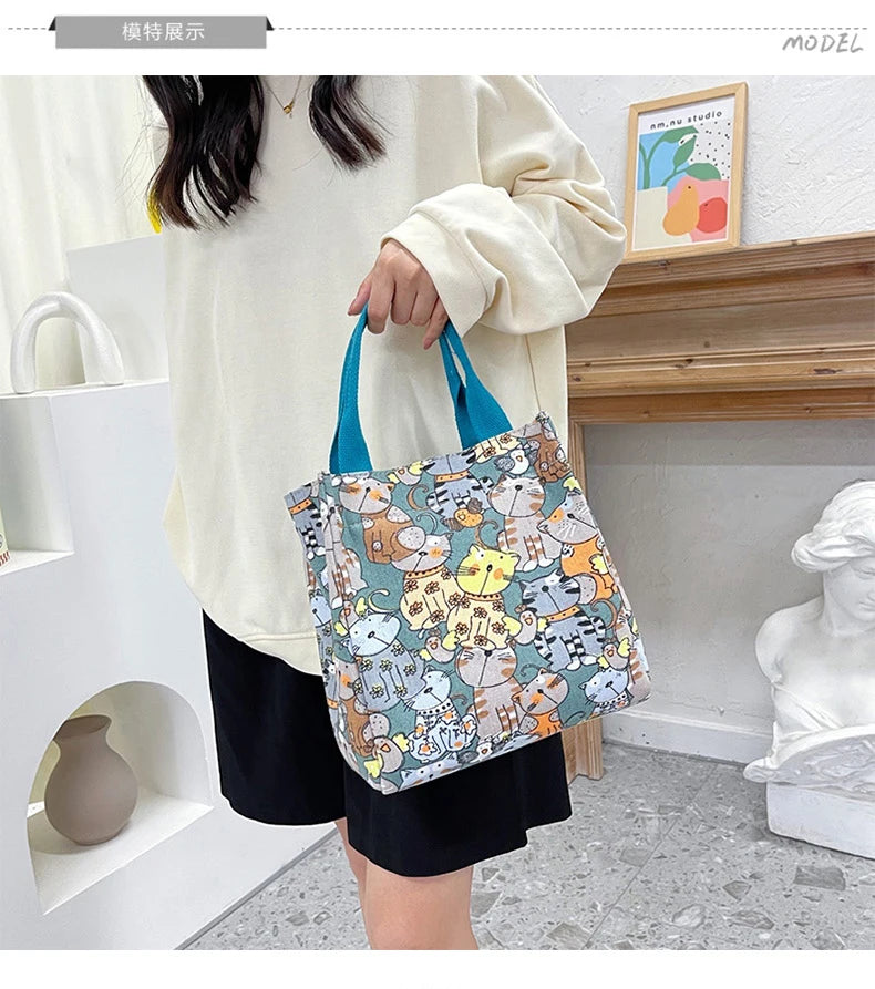 Fashionable Top-Handle Bag with Cute Cat Pattern, Portable Mommy Bag for Women