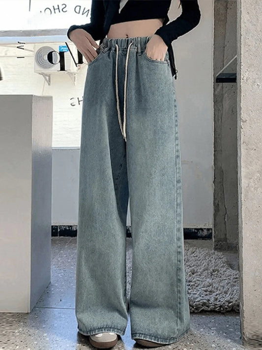 Jean Large Élastique Taille Haute Femme | Ample Droit Bleu | Long Denim | Streetwear Mode
