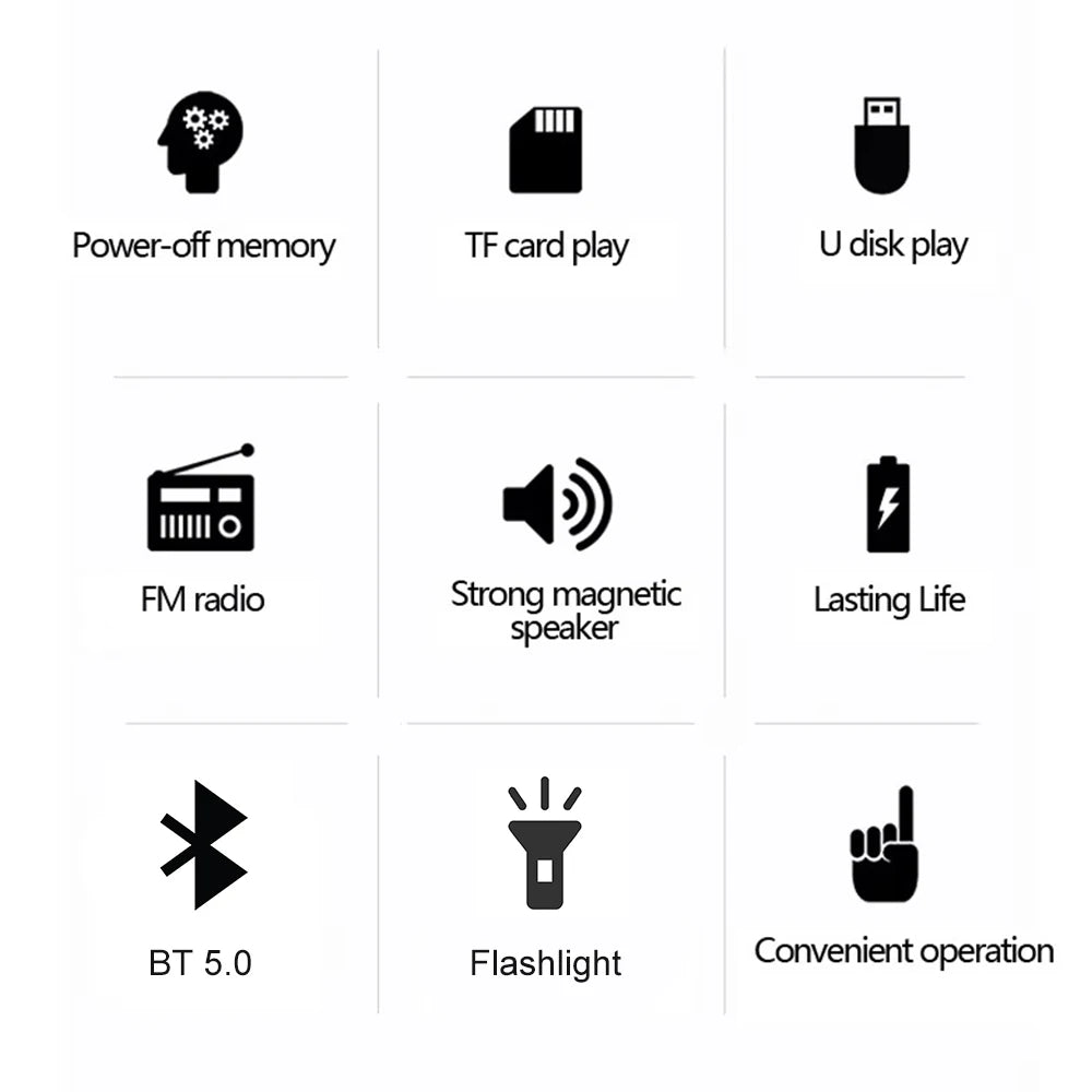 Portable FM Radio with Flashlight Rechargeable Radio TF Card/U Disk Bluetooth 5.0 MP3 Music Player Wireless Speaker