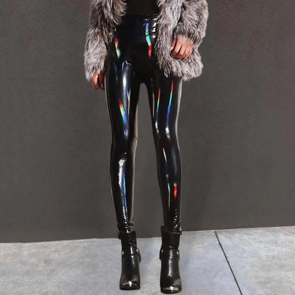 Pantalon Crayon Faux Cuir Femme | Taille Haute Miroir Brillant | Slim Soirée Nightclub | Sexy