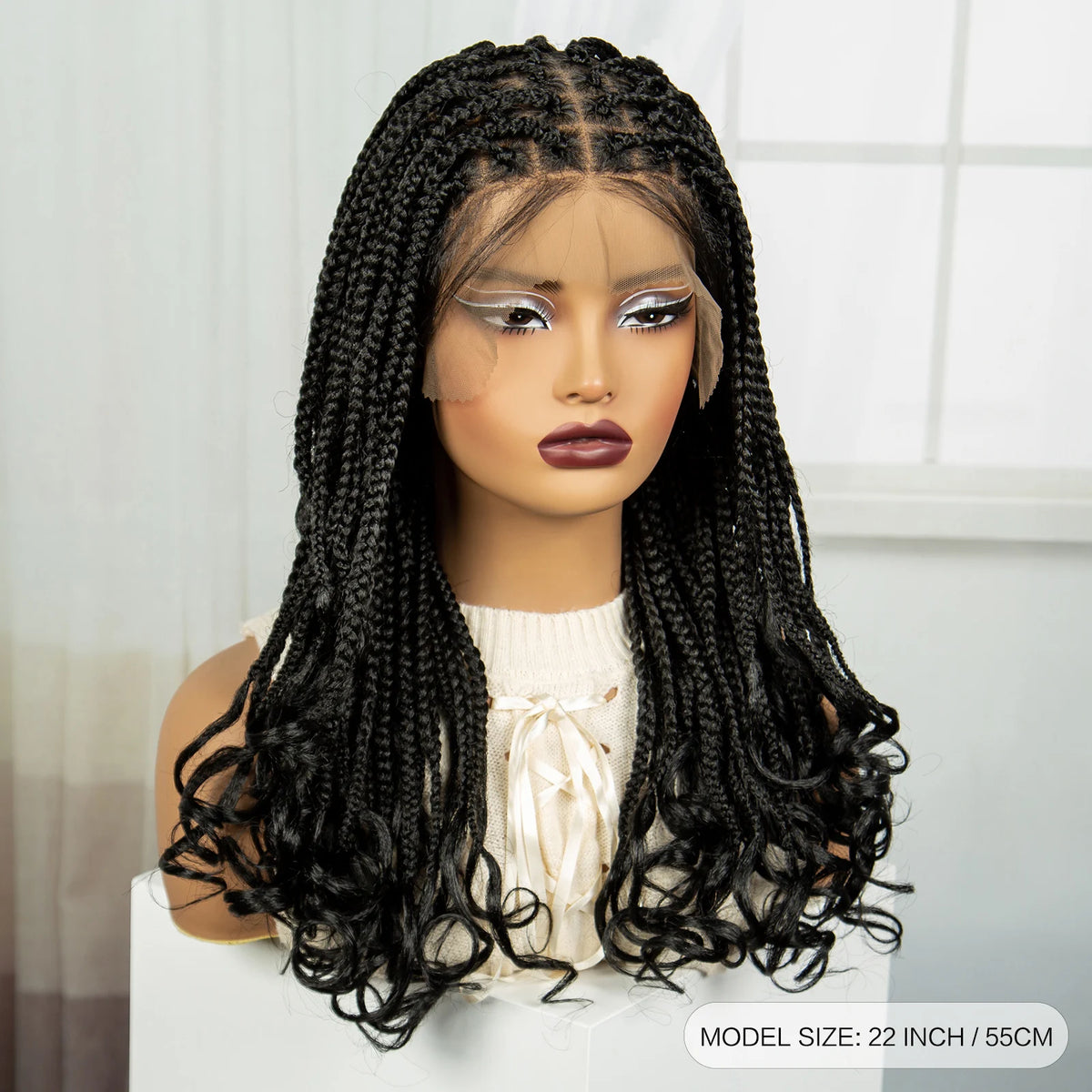 Perruque Tressée 360 Full Lace Synthétique | Knotless Box Braids | Baby Hair | Boho Boucles Extrémités | Femme