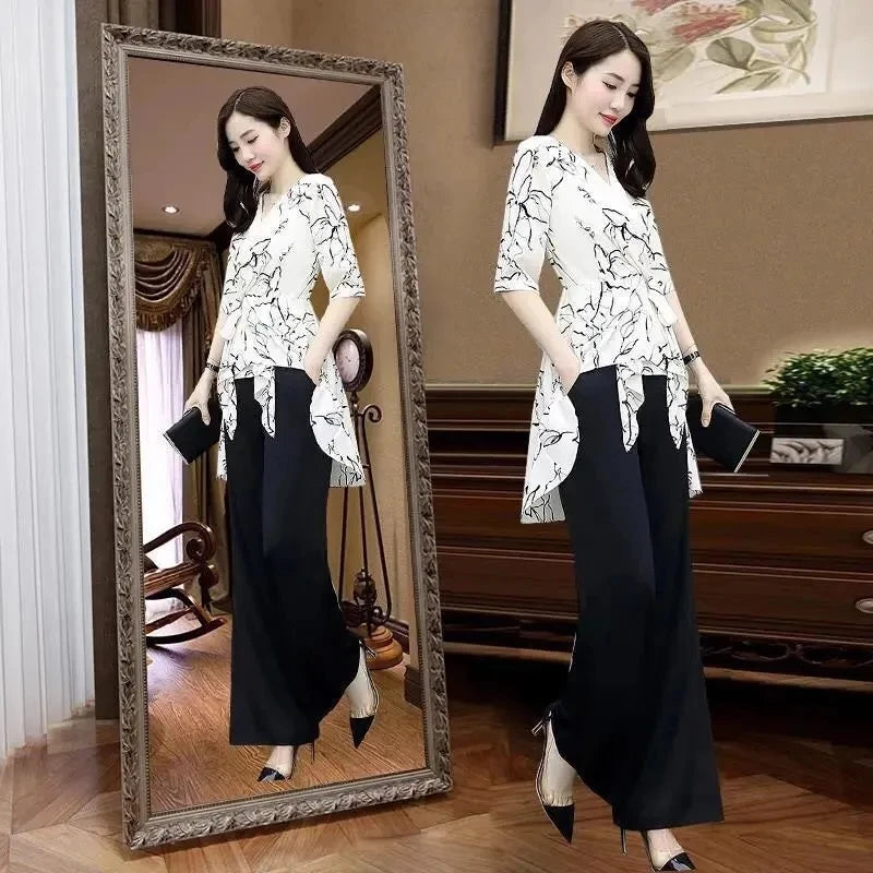 Ensemble 2 Pièces Femme Casual Imprimé | Top Manches Courtes & Pantalon Large | Été Blanc | Jusqu'au 4XL